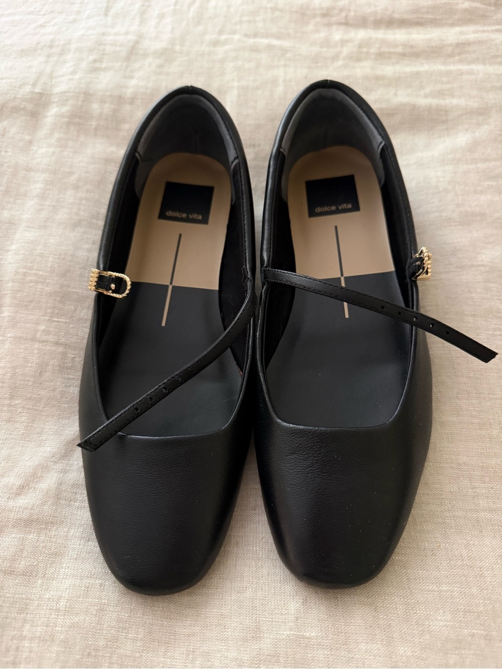 Dolce Vita Black Square-Toe Mary Jane Flats with Gold Buckle